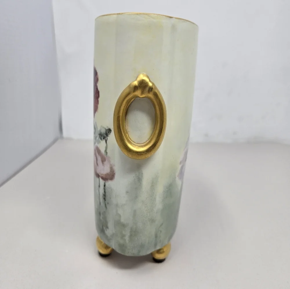 Antique Beauty Limoges Hand-painted Poppy Flower With Gold Accent Cachepot Vase